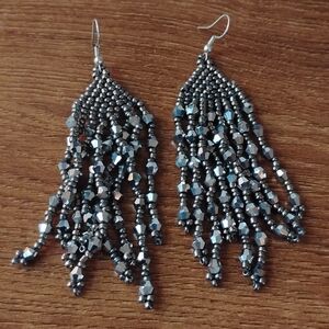 Gunmetal Metallic Beaded Fringe Dangle Statement Earrings